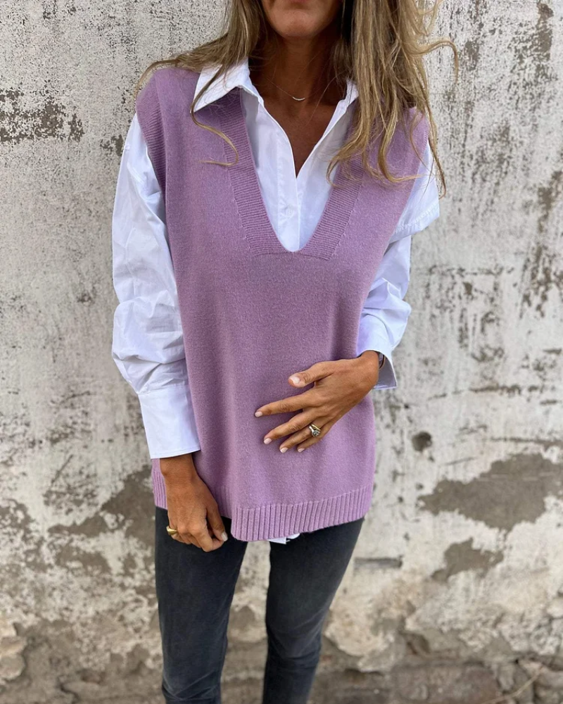 Jenny V-Neck Knit Sweater Vest by Vera Noir – styled view