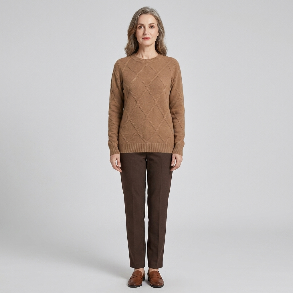 Jorunn | Cashmere-Blend Diamond Knit Sweater – styled view in brown