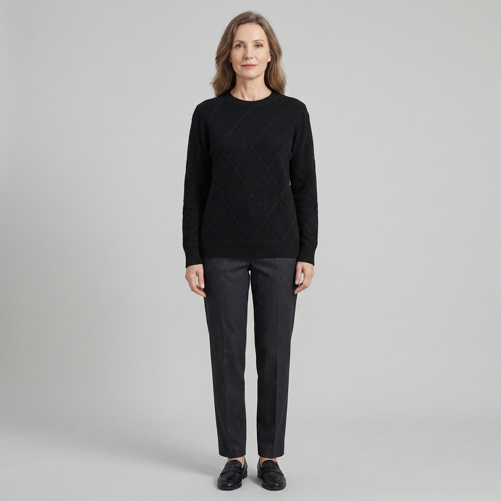 Jorunn | Cashmere-Blend Diamond Knit Sweater – styled view in black