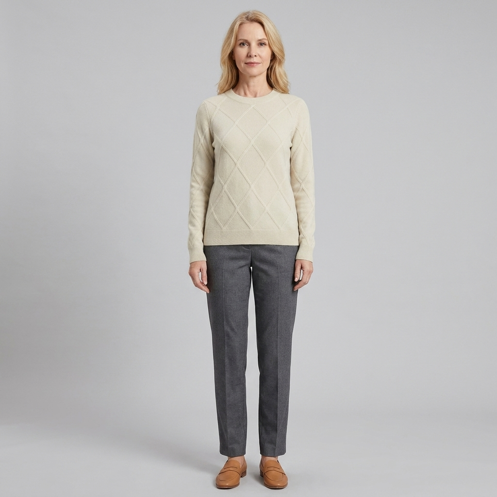 Jorunn | Cashmere-Blend Diamond Knit Sweater – styled view in beige