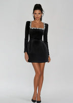 Josiane | Crystal Trim Velvet Mini Dress – front view in black