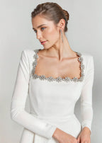 Josiane | Crystal Trim Velvet Mini Dress – close-up in white