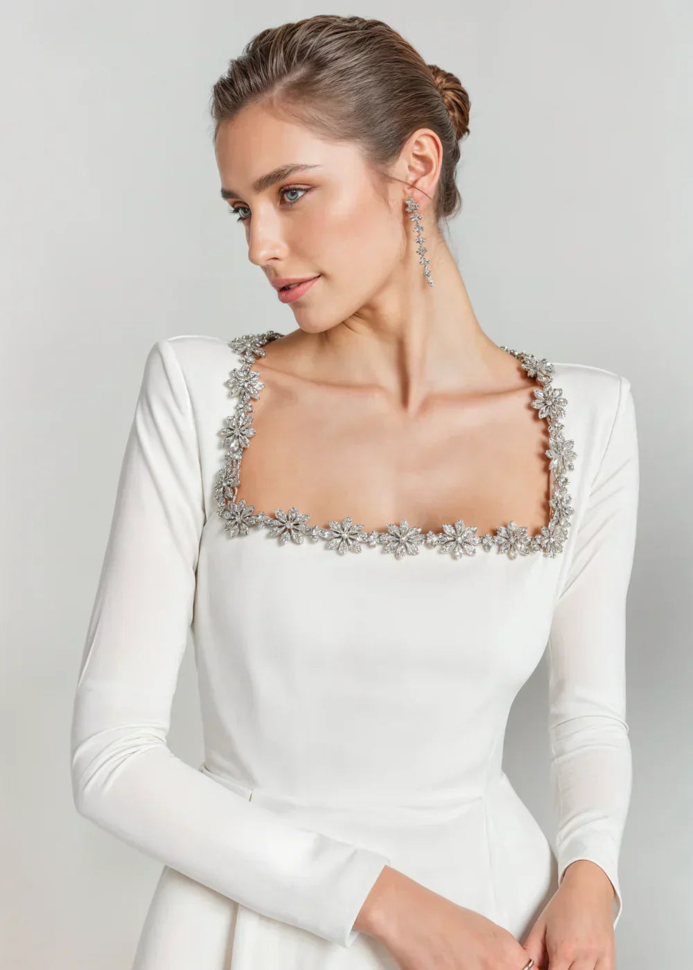 Josiane | Crystal Trim Velvet Mini Dress – close-up in white
