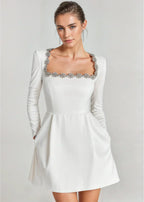 Josiane | Crystal Trim Velvet Mini Dress – detail view in white