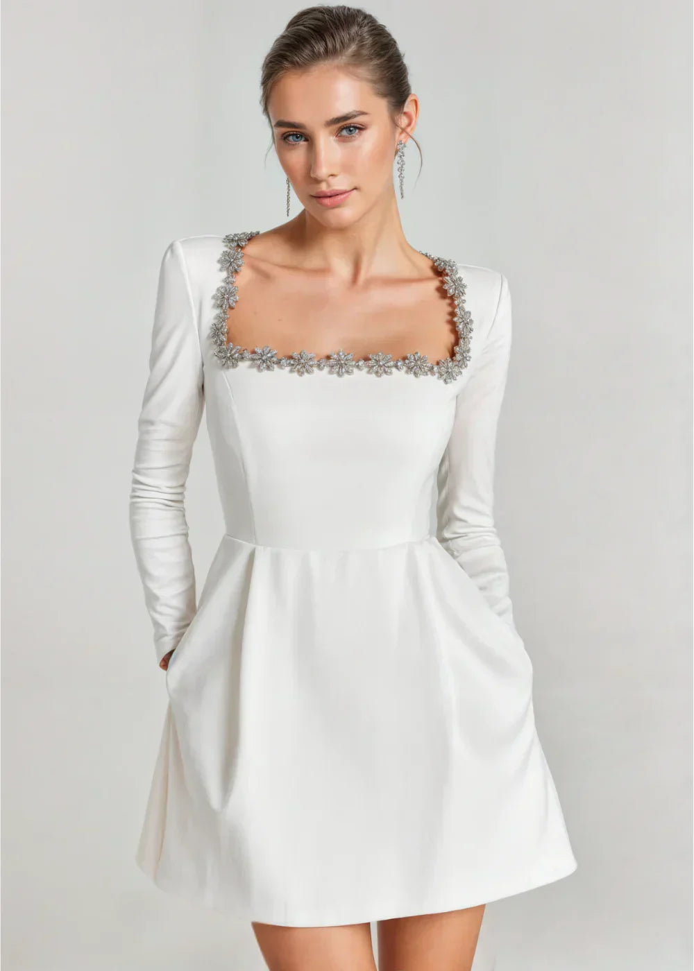 Josiane | Crystal Trim Velvet Mini Dress – detail view in white