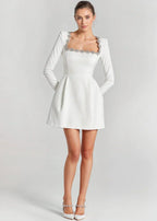Josiane | Crystal Trim Velvet Mini Dress – styled view in white, full length
