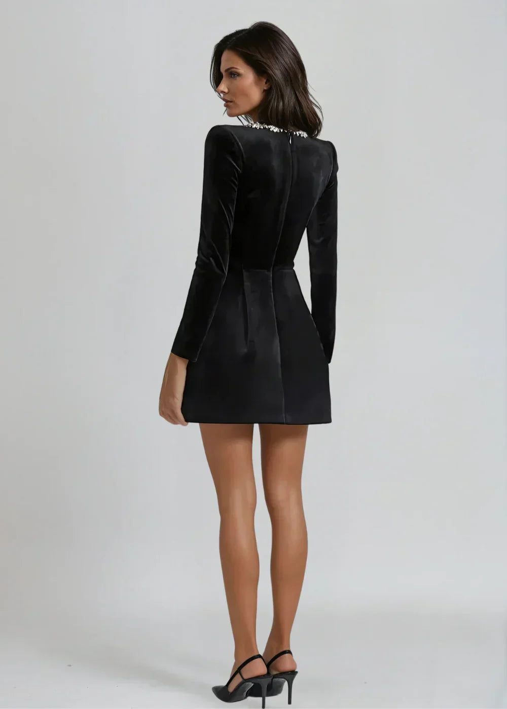 Josiane | Crystal Trim Velvet Mini Dress – back view in black