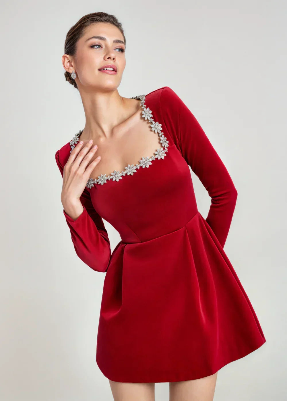 Josiane | Crystal Trim Velvet Mini Dress – close-up in red