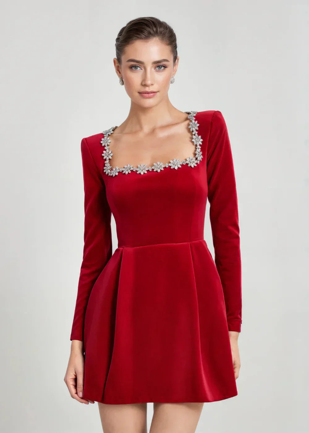 Josiane | Crystal Trim Velvet Mini Dress – front view in red