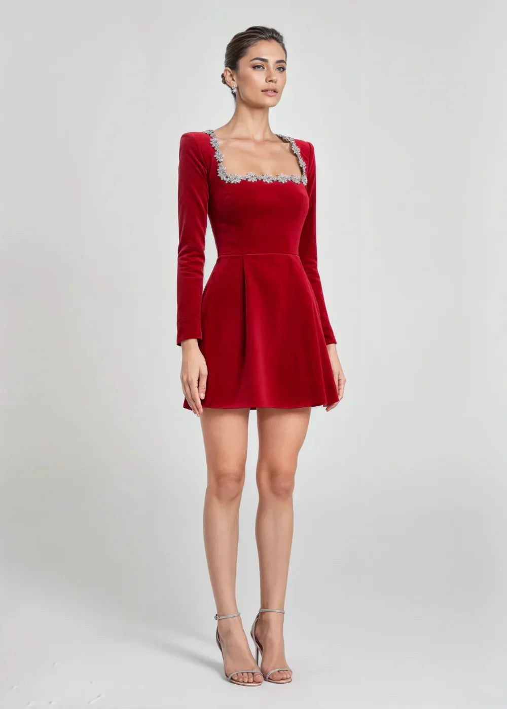 Josiane | Crystal Trim Velvet Mini Dress – styled view in red
