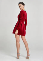 Josiane | Crystal Trim Velvet Mini Dress – side view in red