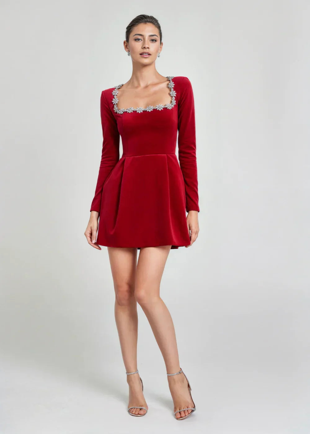 Josiane | Crystal Trim Velvet Mini Dress – front view in red, full length