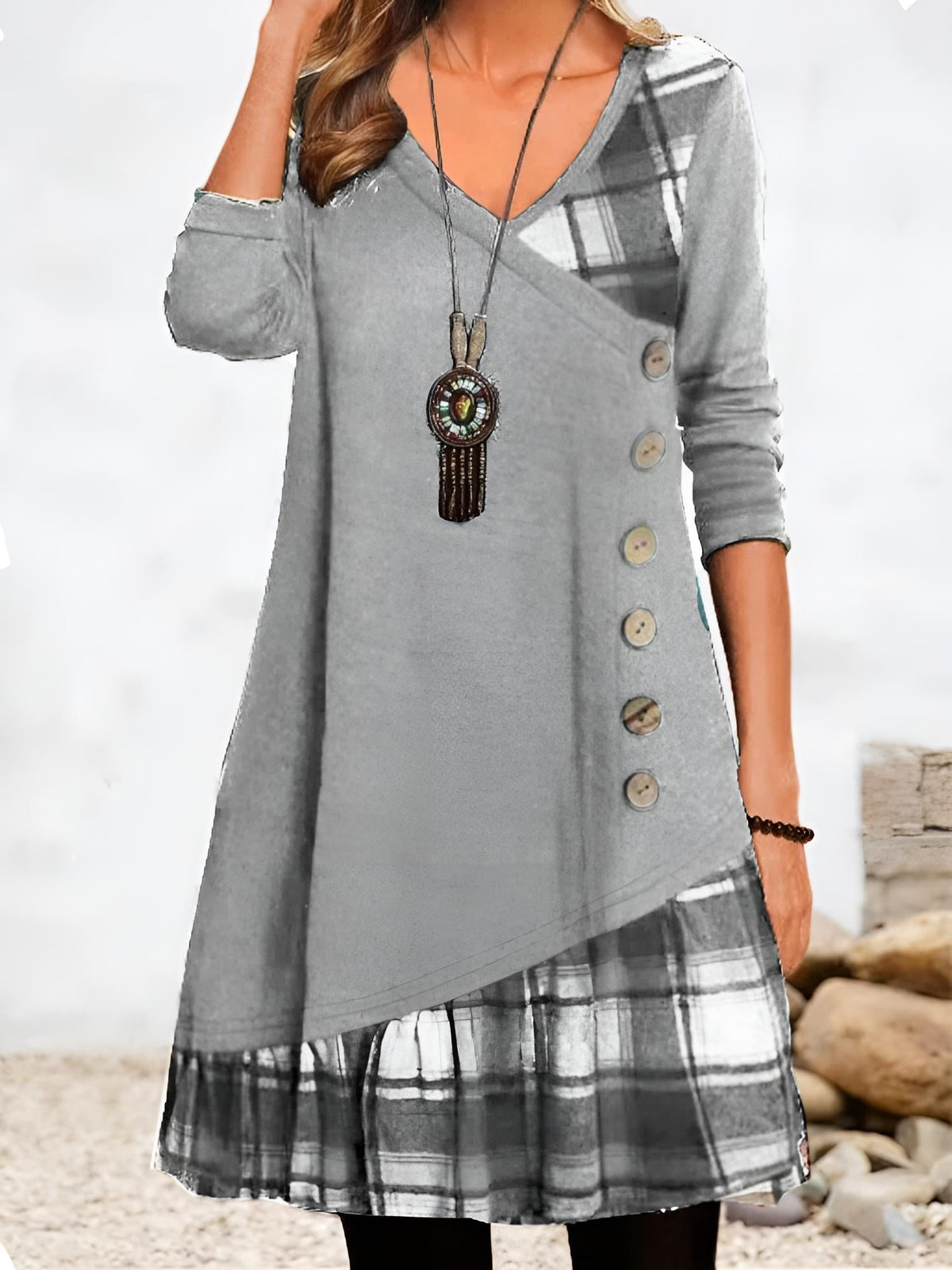 Aurelienne V-neck button-front dress, back view