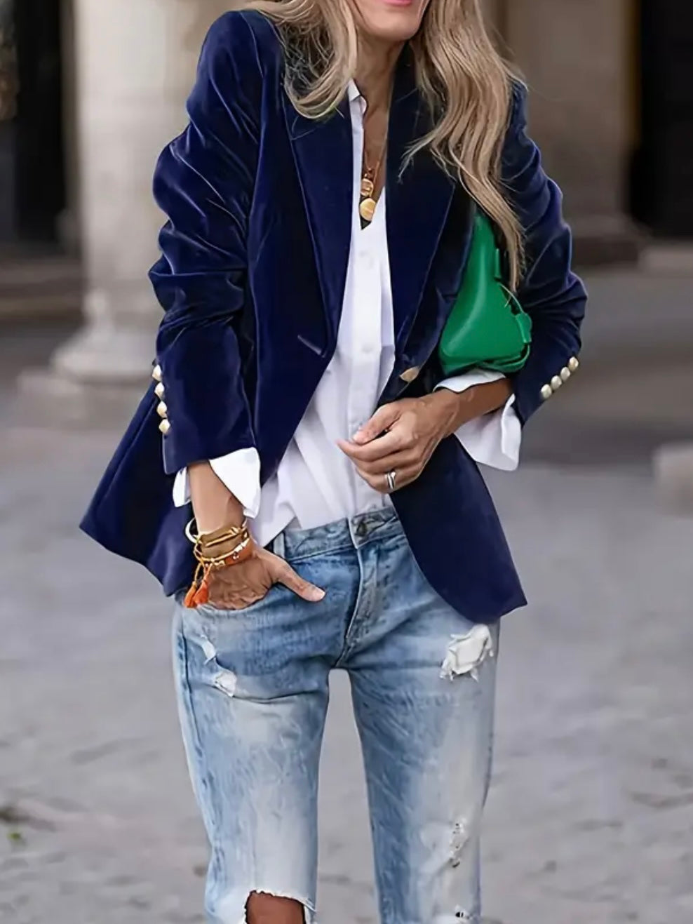 Julie Velvet Blazer Midnight Navy – styled view