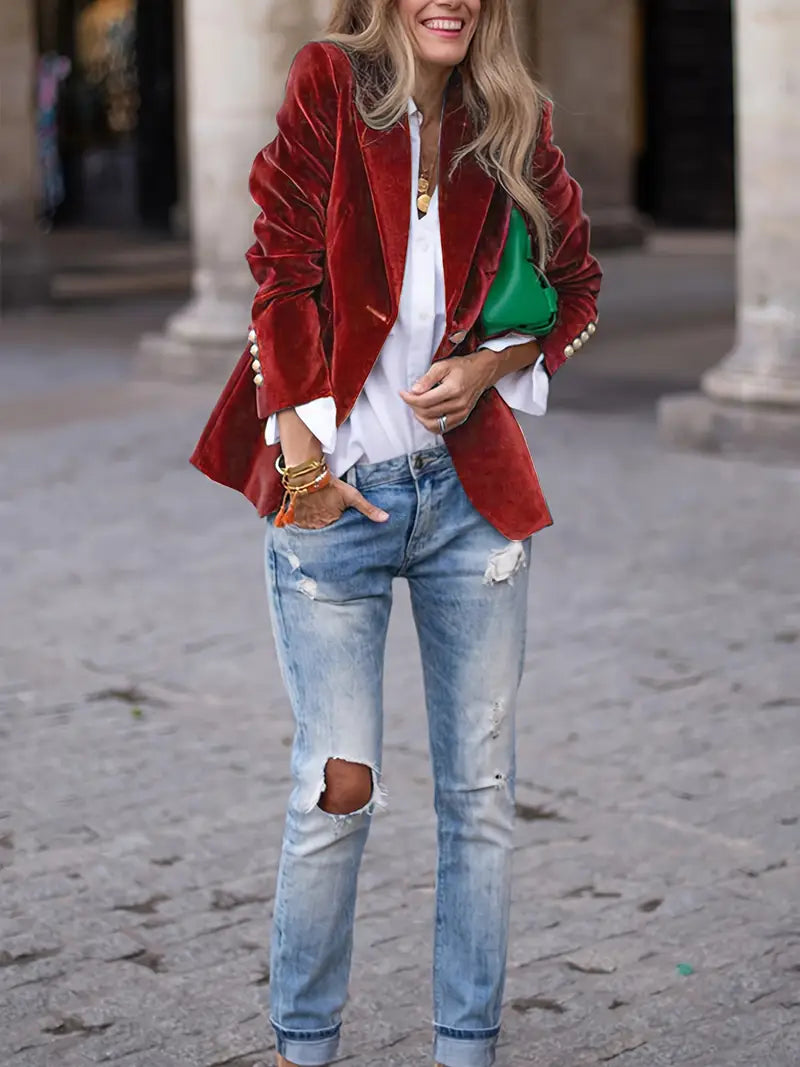 Julie Velvet Blazer Red – styled view