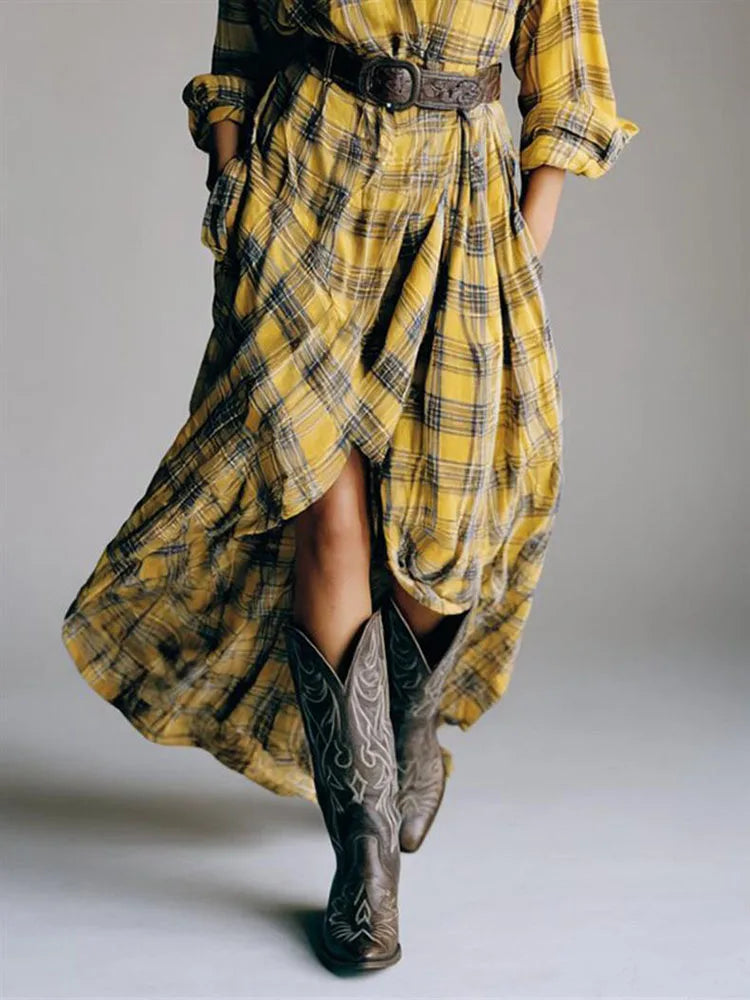 Kaenira Plaid Long Sleeve Dress – close-up