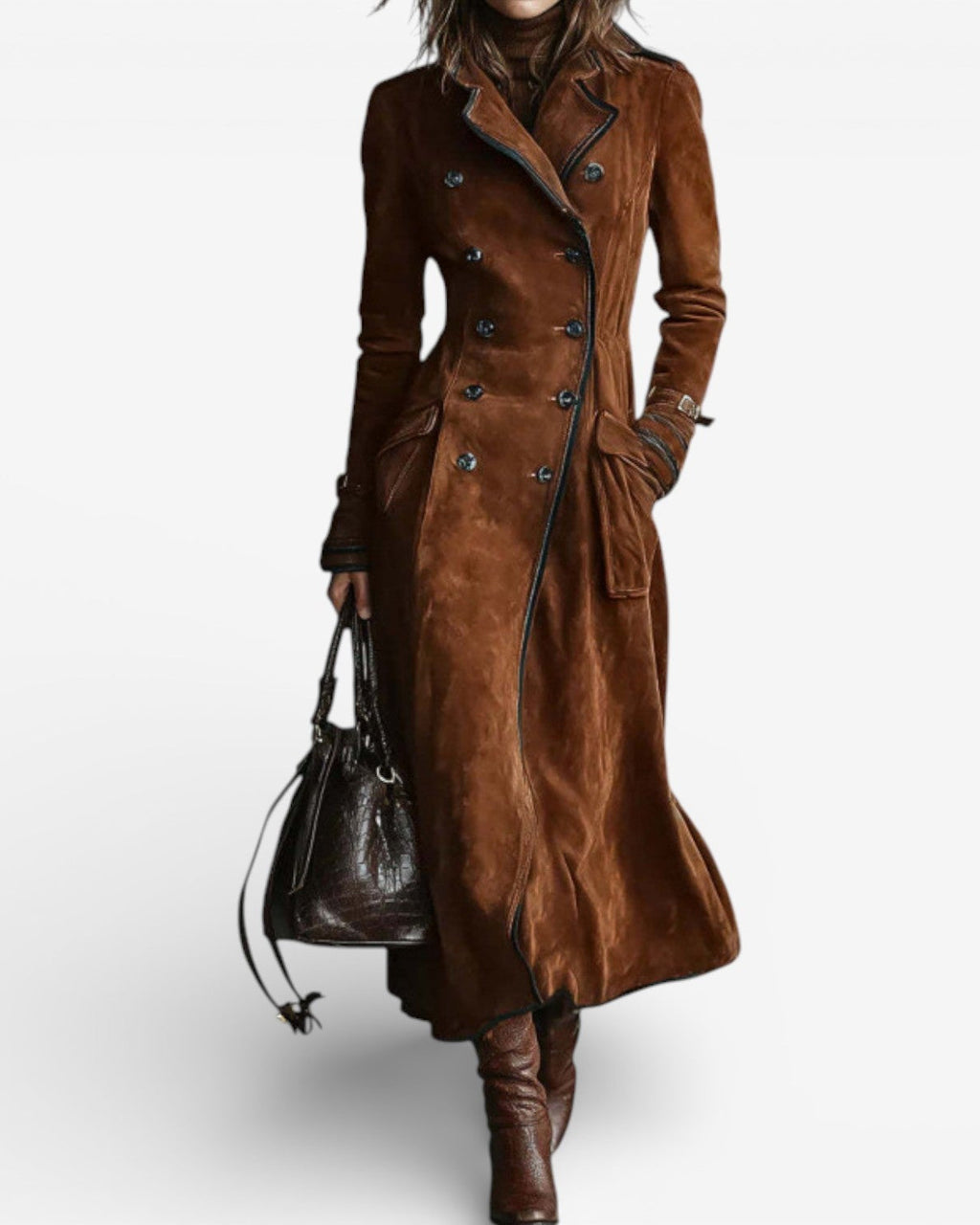 Kaliravessa Elegant Suede Leather Trench Coat – front view