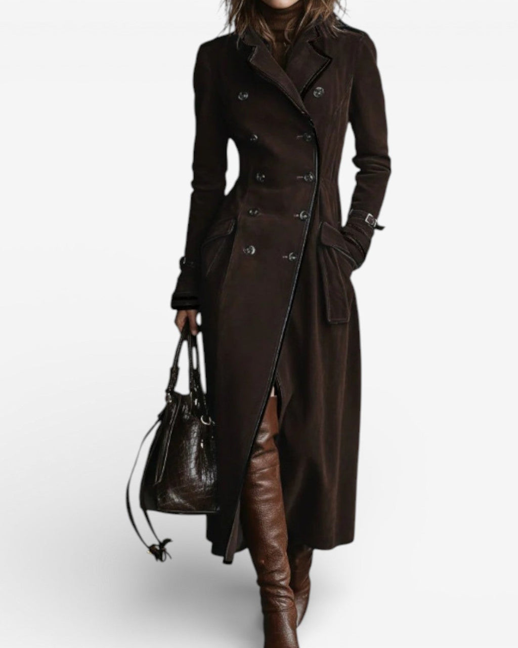 Kaliravessa Elegant Suede Leather Trench Coat – detail view