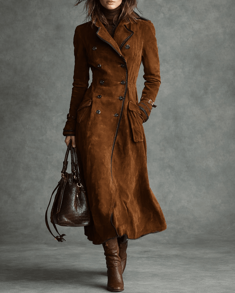 Kaliravessa Elegant Suede Leather Trench Coat – styled view