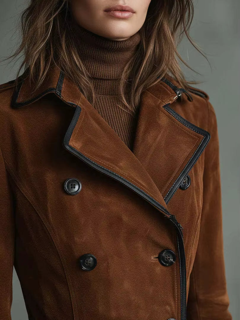 Kaliravessa Elegant Suede Leather Trench Coat – side view