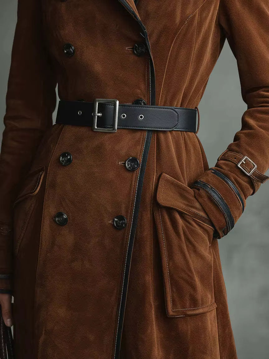 Kaliravessa Elegant Suede Leather Trench Coat – close-up