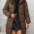 Katrien | Hooded Longline Puffer Coat – front view in brown