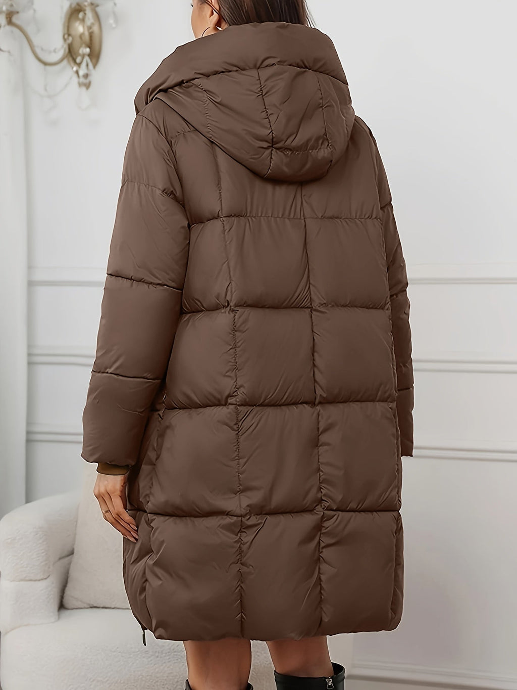 Katrien | Hooded Longline Puffer Coat – back view in brown