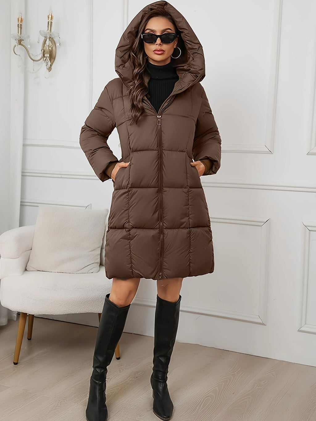Katrien | Hooded Longline Puffer Coat – front view with hood up