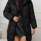Katrien | Hooded Longline Puffer Coat – detail view in black