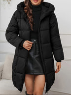 Katrien | Hooded Longline Puffer Coat – front view in black
