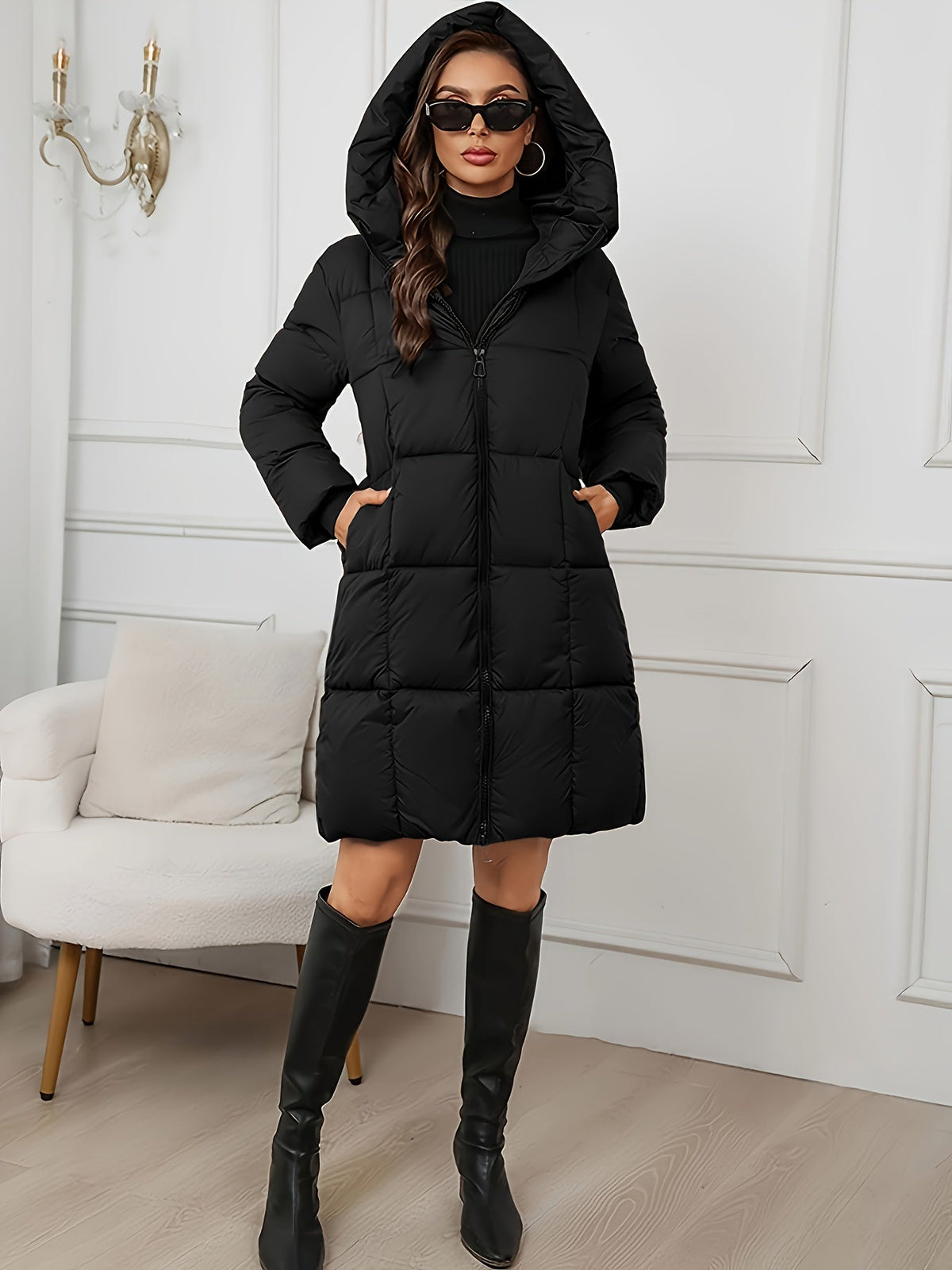 Katrien | Hooded Longline Puffer Coat – hood up view in black