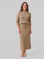 Kerensa | Ribbed Knit Sweater and Skirt Set – front view in khaki
