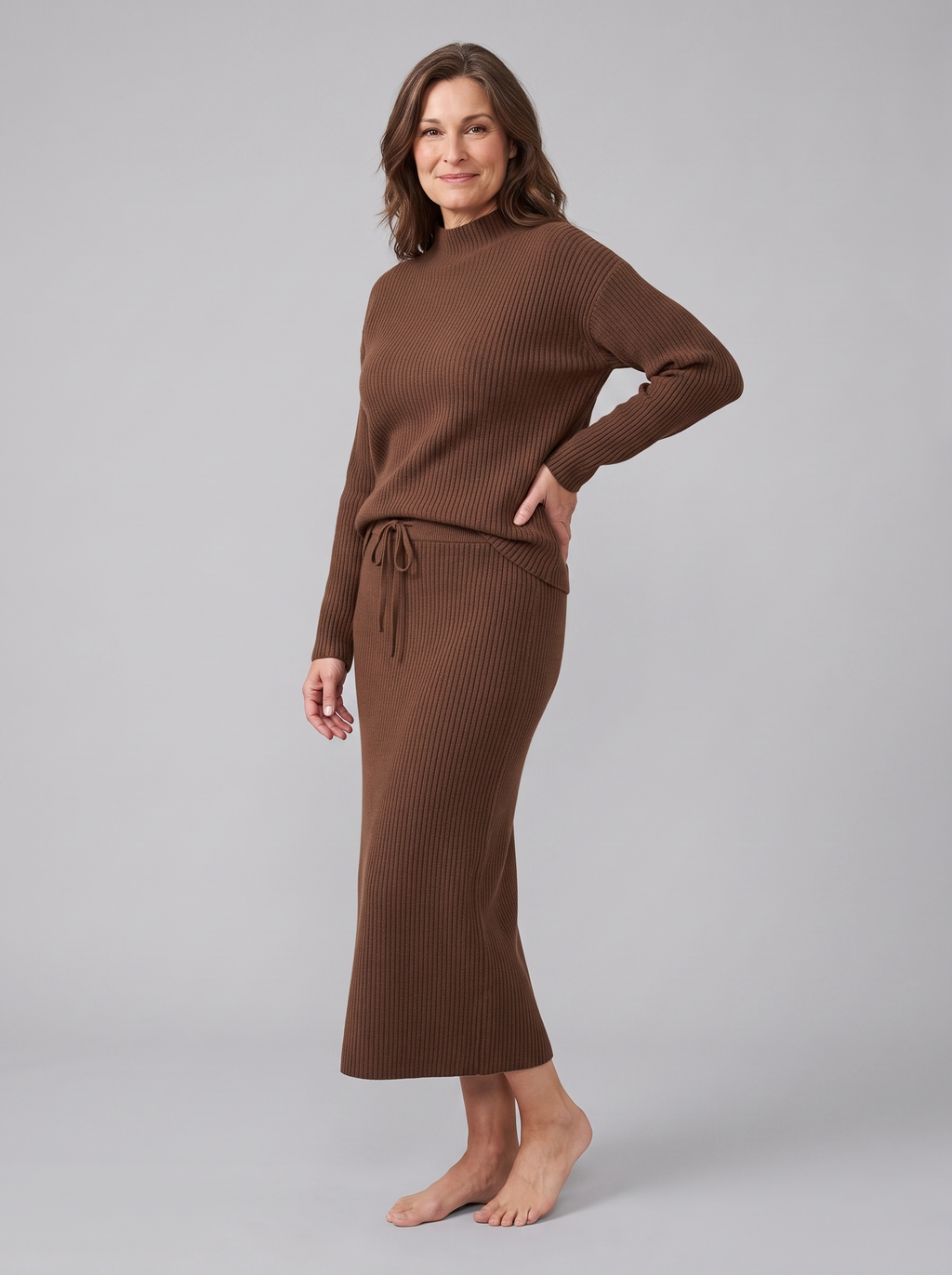 Kerensa | Ribbed Knit Sweater and Skirt Set – styled view in coffee