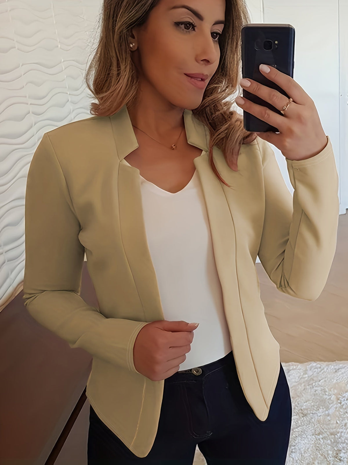 Kirsten Notch Collar Open Blazer – styled view