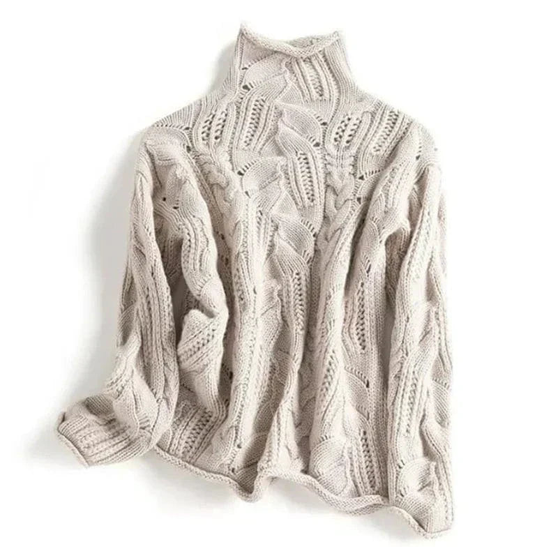Lara Chunky Cable-Knit Turtleneck Sweater by Vera Noir – front view