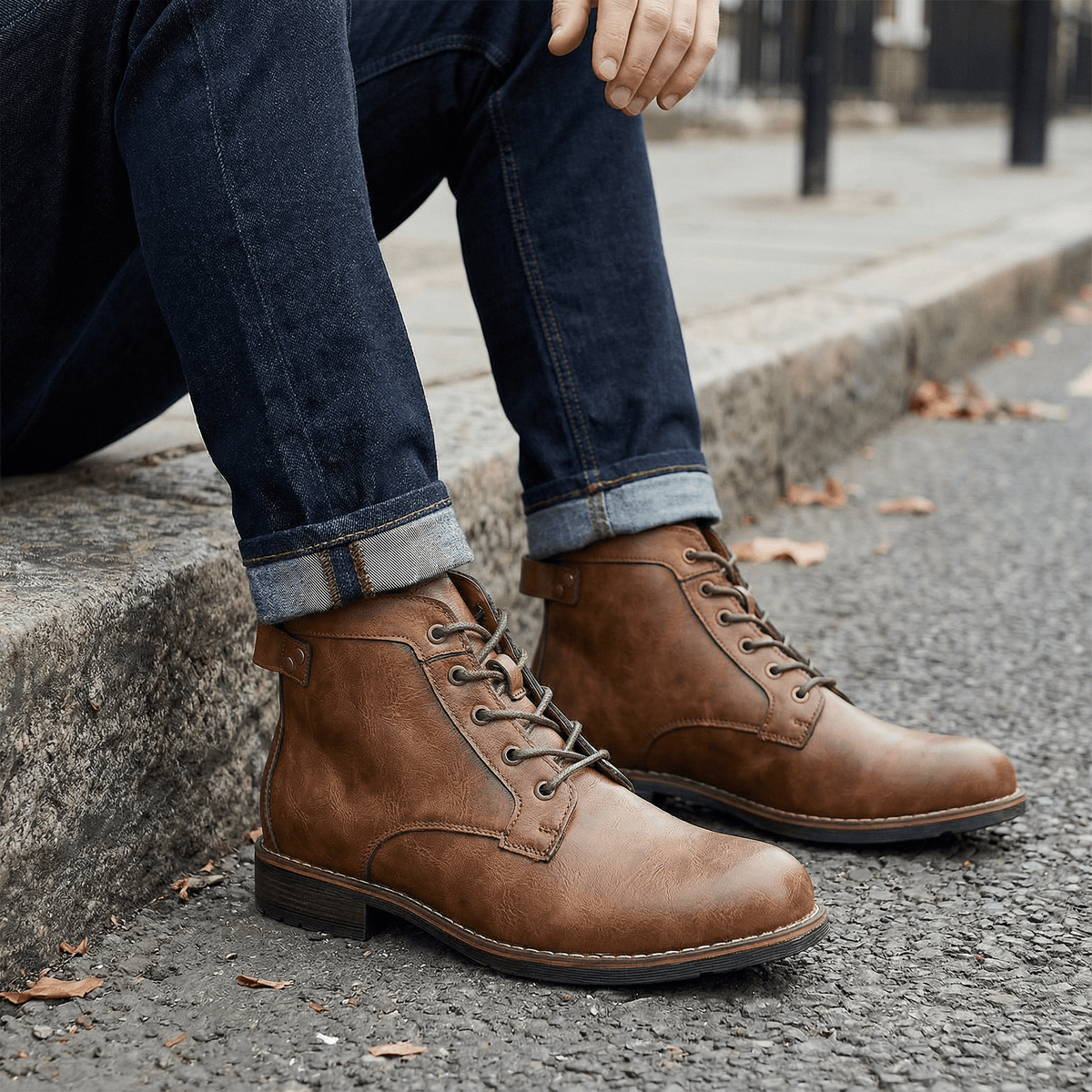 Liam Leather Lace Boots – styled view