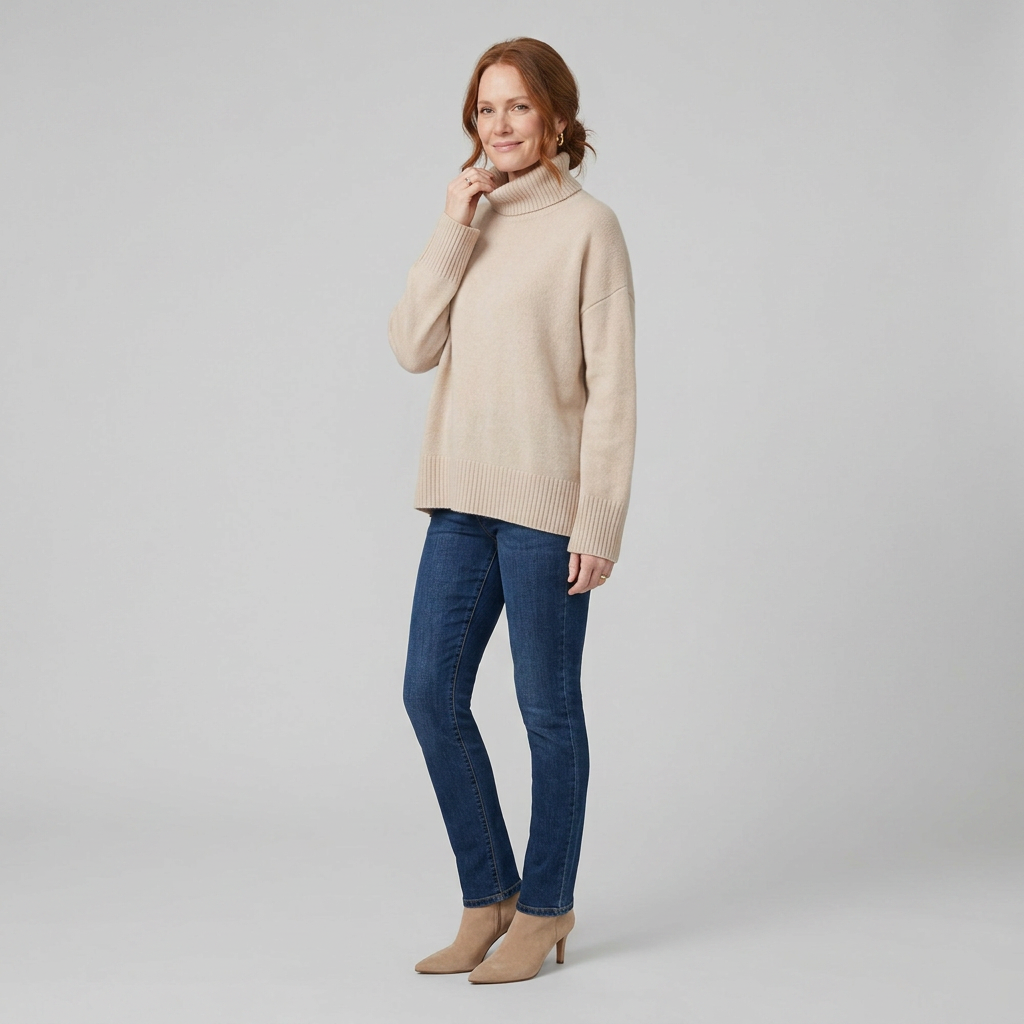 Liora Cashmere-Blend Turtleneck Sweater in beige – styled view