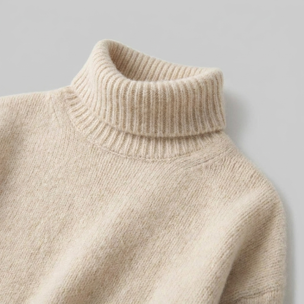 Liora Cashmere-Blend Turtleneck Sweater – roll collar detail view