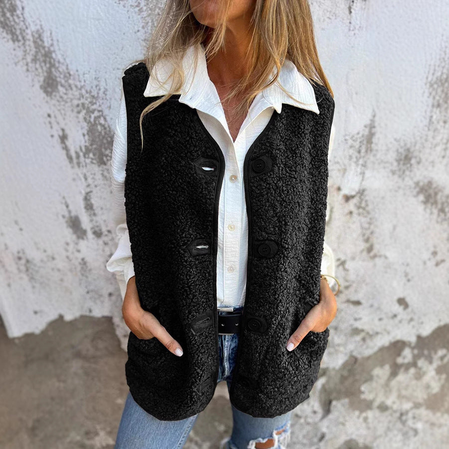 Lizzy Button-Front Teddy Fleece Vest by Vera Noir – detail view