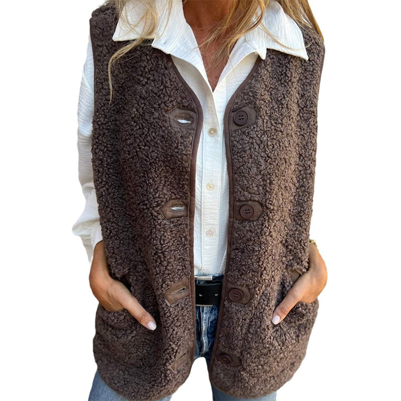 Lizzy Button-Front Teddy Fleece Vest by Vera Noir – close-up