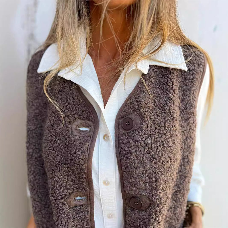 Lizzy button-front teddy fleece vest by Vera Noir – back view