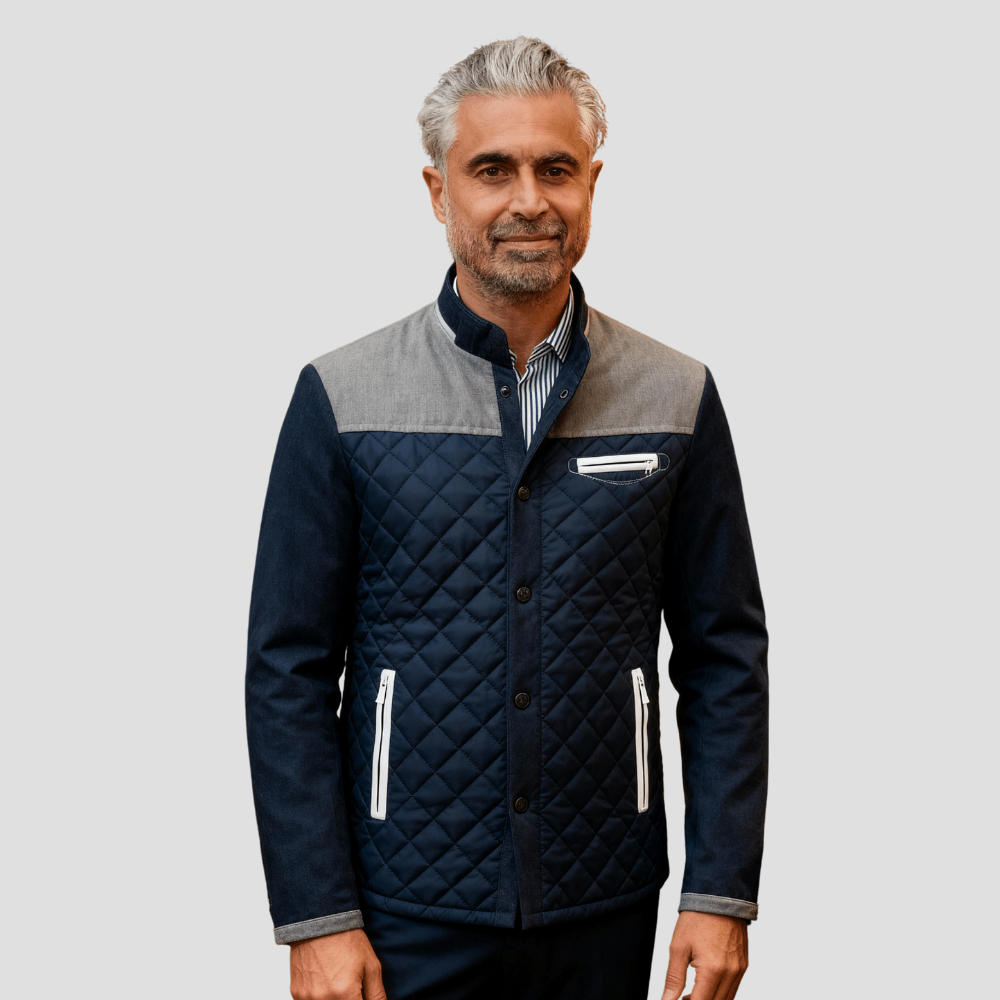 Lowell quilted suede-trim winter jacket, quilting close-up
