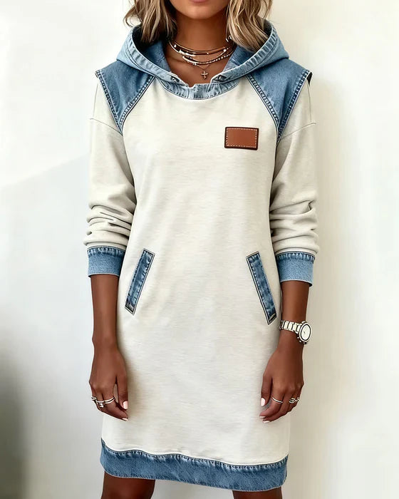 Lunariae casual dress with contrast hood, fabric close-up