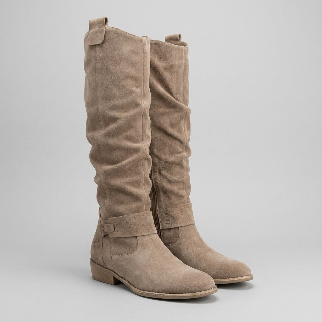 Maelie | Slouchy Suede-Touch Knee-High Boots – front view in beige