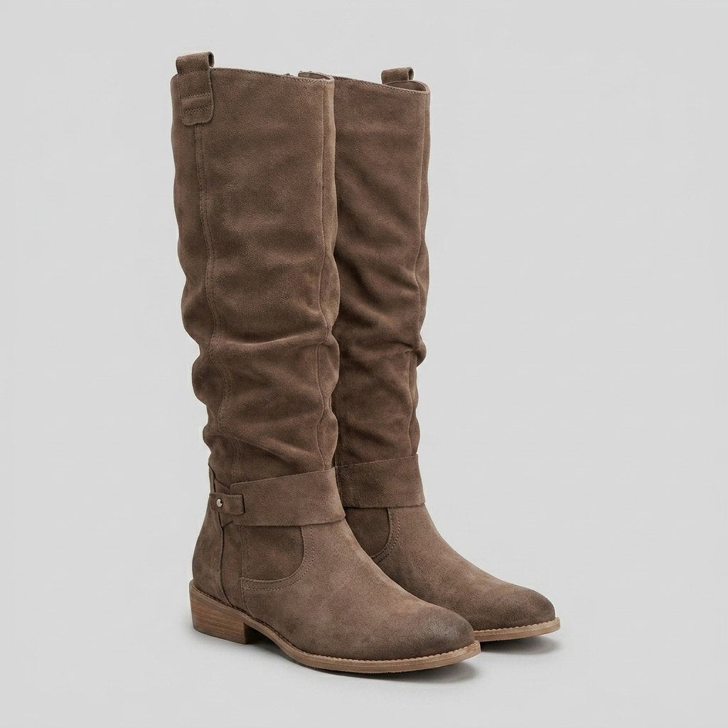 Maelie | Slouchy Suede-Touch Knee-High Boots – front view in brown