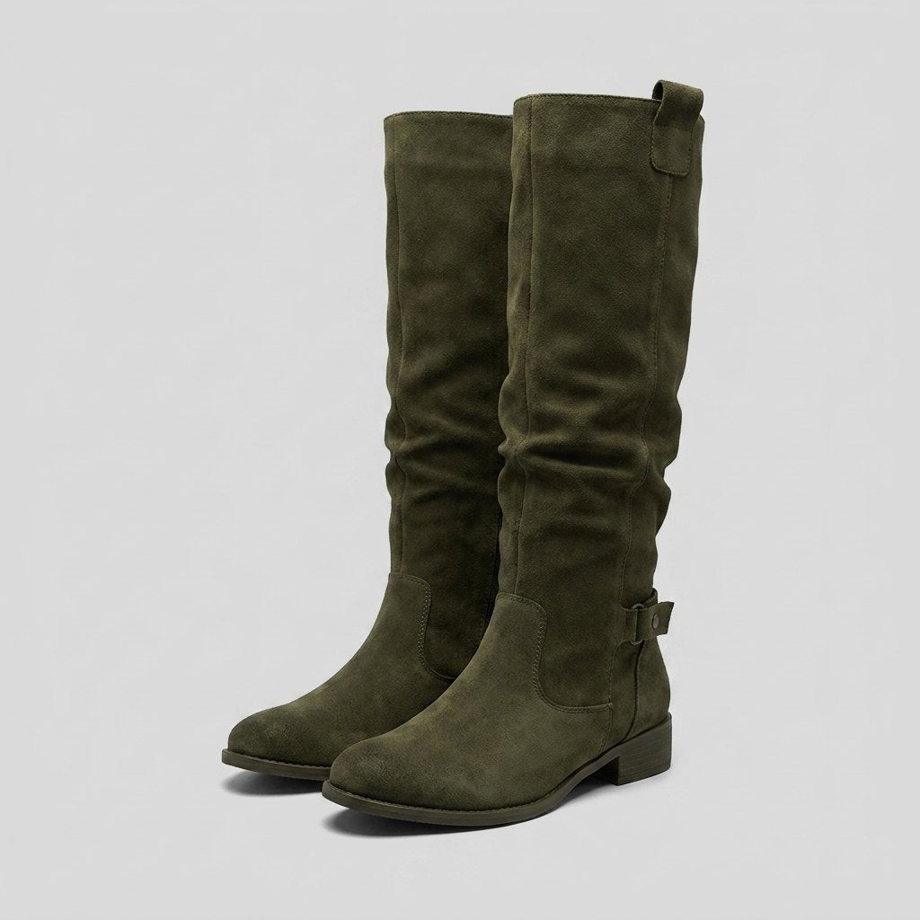 Maelie | Slouchy Suede-Touch Knee-High Boots – front view in deep green