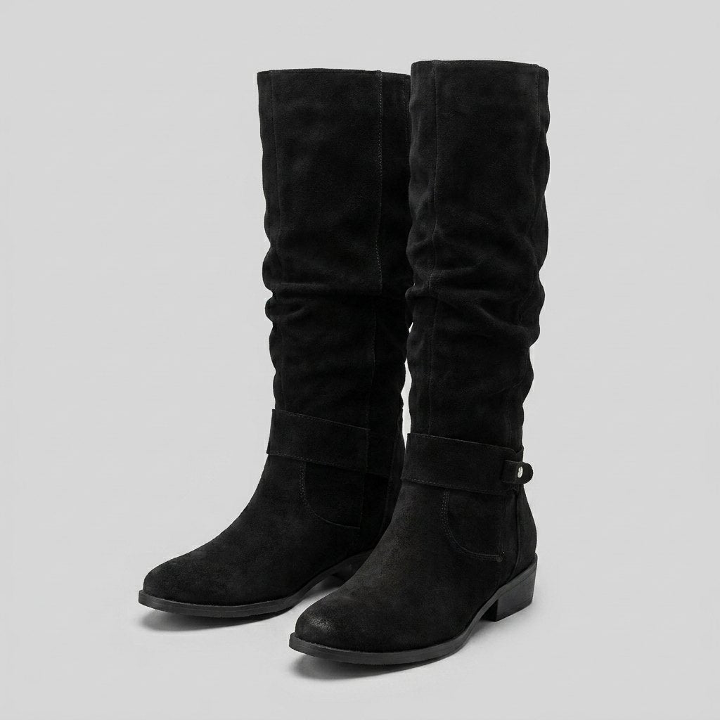 Maelie | Slouchy Suede-Touch Knee-High Boots – front view in black