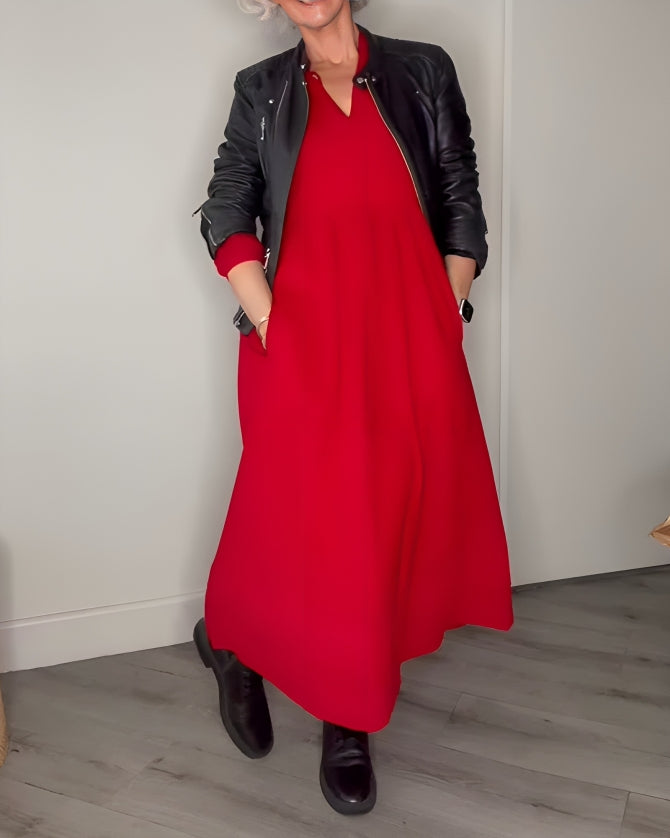 Marisande slimming long dress with V-neckline, full outfit view