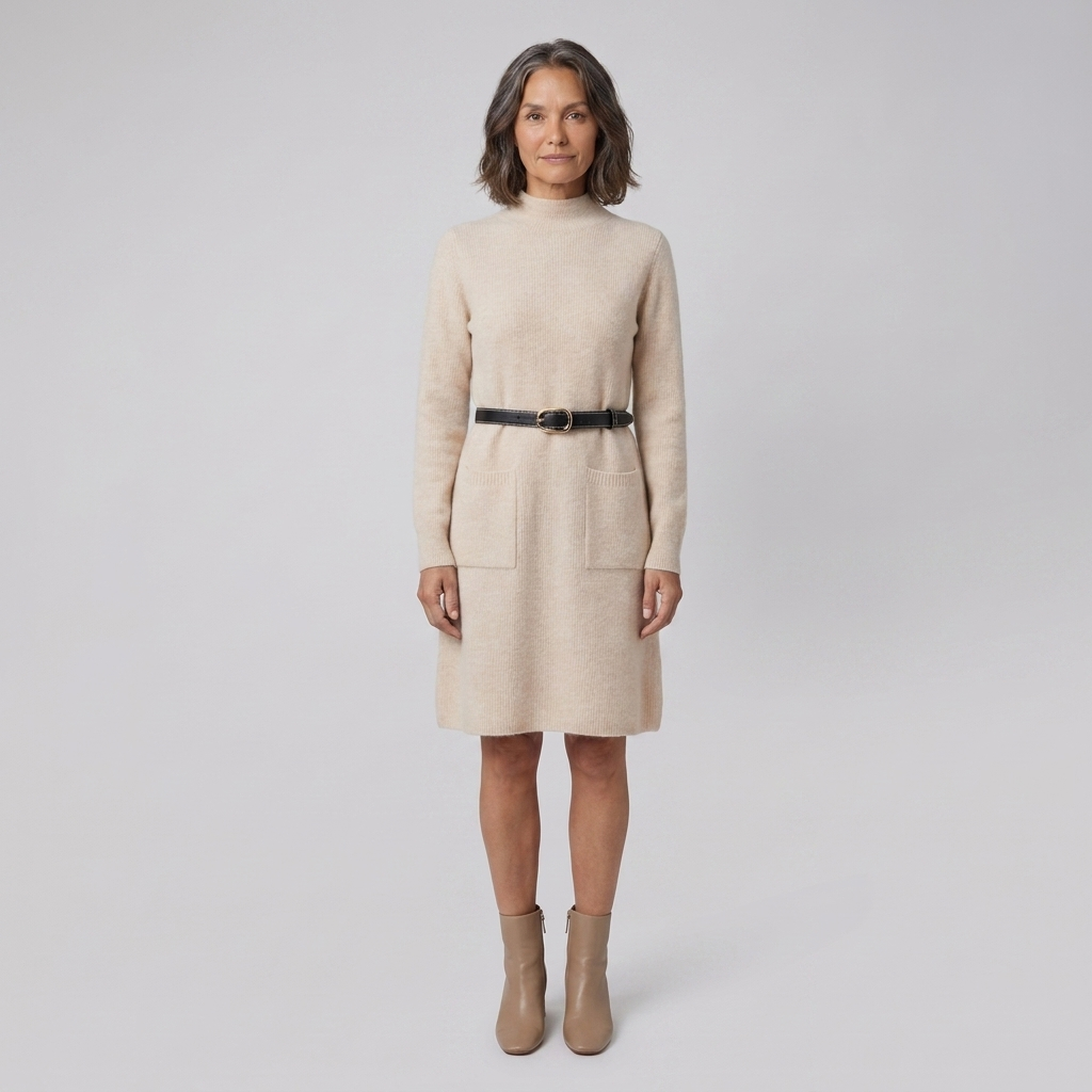 Marlowe | Wool-Blend Midi Knit Dress with Pockets by Vera Noir – in khaki