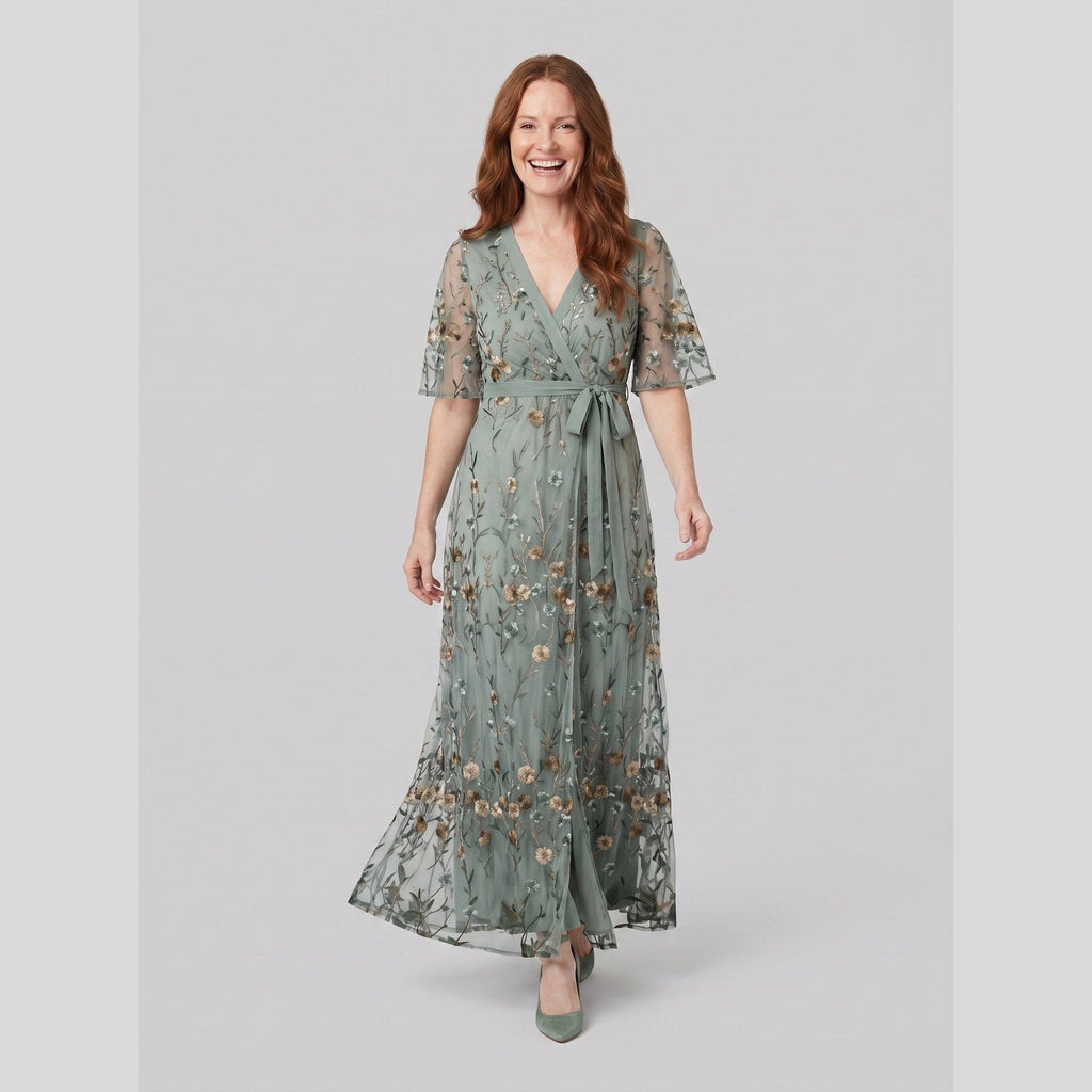 Melisande | Floral Embroidered Sheer Evening Gown by Vera Noir – in sage green